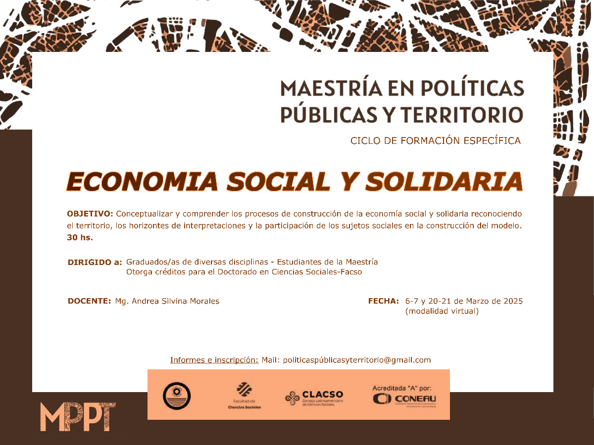 La Maestría en Políticas Públicas y Territorio dictará un curso de posgrado sobre economía social y solidaria 