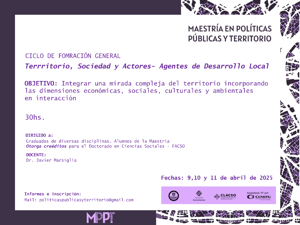 La Maestría en PPyT dictará un curso sobre agentes de desarrollo local