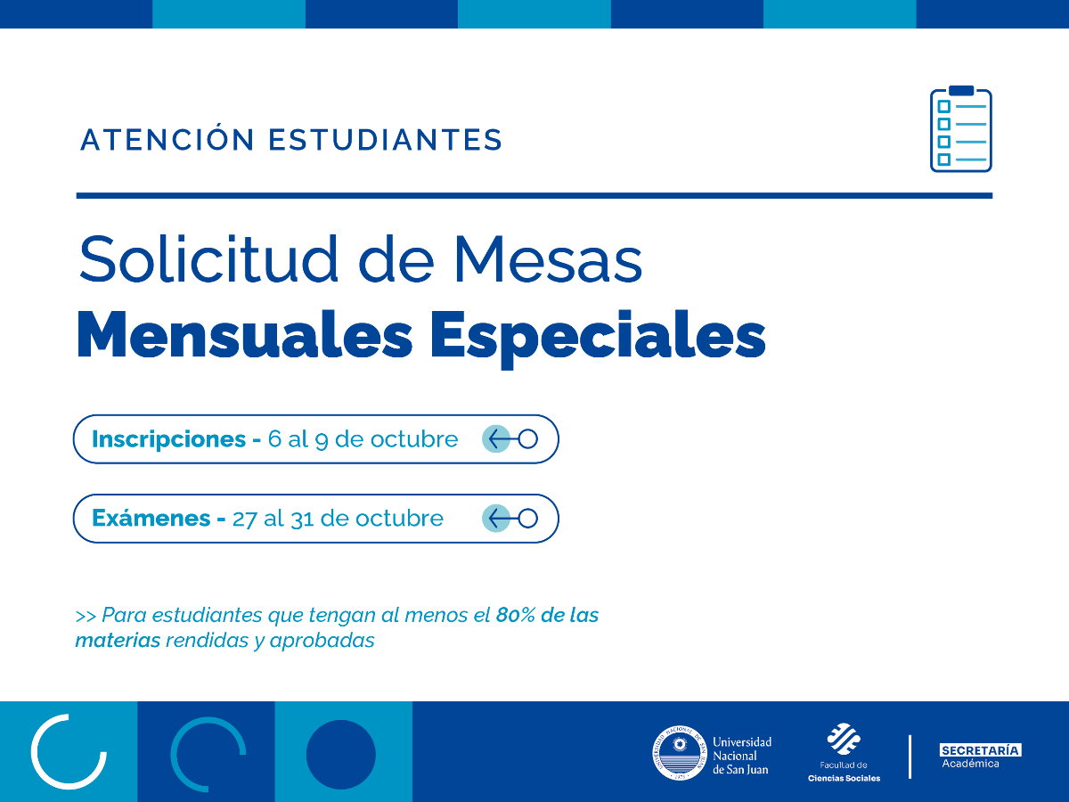 Las Mesas Especiales mensuales se podrán solicitar del 6 al 9 de octubre